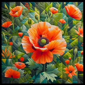 Könnte beinhalten: Nahaufnahme einer leuchtend orangefarbenen Mohnblume mit dunklem Zentrum, umgeben von grünen Blättern und anderen kleineren Mohnblumen. Die Blumen sind in einem geometrischen Muster auf grünem Hintergrund angeordnet.