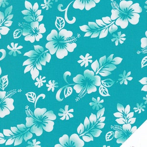 May include: White hibiscus flowers on a turquoise blue background. The flowers are in a repeating pattern and have a faded, vintage look.