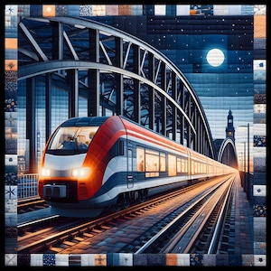 Puede incluir: Un edredón que representa un tren sobre vías que cruza un puente por la noche. El tren es rojo, blanco y azul. El fondo muestra una luna llena y un cielo estrellado. El edredón tiene un borde de retazos con varios patrones.