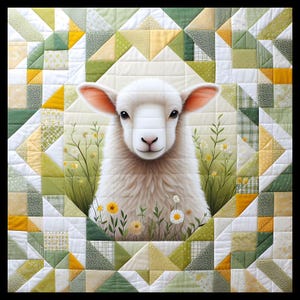 Könnte beinhalten: Ein weißes Lamm mit einem flauschigen Fell ist von einem Patchwork-Deckenstück aus grünen, gelben und weißen Quadraten eingerahmt. Die Decke besteht aus verschiedenen Stoffen und Texturen und bildet einen optisch interessanten Hintergrund für das Lamm.