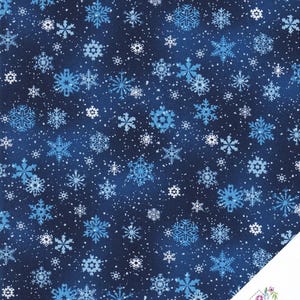Può includere: Un tessuto blu scuro con un motivo ripetuto di fiocchi di neve bianchi e azzurri di varie dimensioni e complessi disegni geometrici. Una piccola etichetta bianca nell'angolo riporta il testo Quilt Shop e il nome Ruth Baudisch.