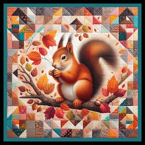 May include: A square quilt featuring a central illustration of a red squirrel holding an acorn while perched on a tree branch. The squirrel is surrounded by autumn leaves in shades of orange, red, and yellow. The border consists of a patchwork pattern.