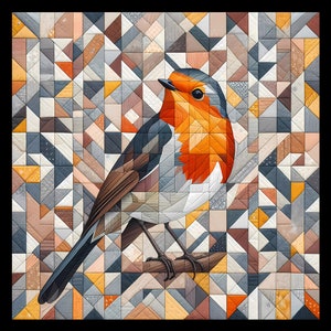 Peut inclure: Un rouge-gorge perché sur une branche sur un fond de motif géométrique coloré. Le rouge-gorge a une poitrine rouge et une tête grise. Le fond est composé de petits triangles de différentes nuances de brun, gris et orange.