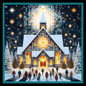 May include: Digital artwork depicting a snow-covered church with a starry night sky. The church features stained glass windows and a steeple. Figures are seen walking towards the church. Christmas trees flank the building.