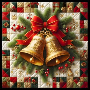 May include: A Christmas-themed quilt featuring two gold bells with detailed patterns, a bright red bow, and evergreen sprigs. The quilt has a patchwork design with red, green, and gold squares, and white squares with gold stars.