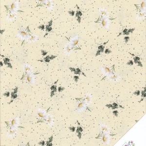 Könnte beinhalten: Ein cremefarbener Stoff mit einem weißen Gänseblümchen-Blumenmuster und kleinen schwarzen Punkten. Der Stoff hat eine subtile Textur.