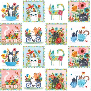Può includere: Un pacchetto di carta digitale con 12 diverse illustrazioni di gatti in un ambiente da giardino fantasioso. Ogni illustrazione presenta un gatto con fiori, uccelli e altri elementi da giardino. Le illustrazioni sono in uno stile luminoso e colorato.
