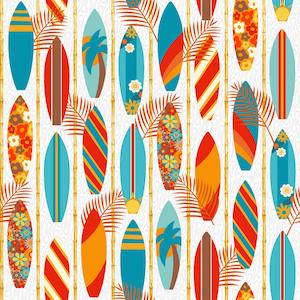 May include: A seamless pattern featuring colourful surfboards with floral and geometric designs, set against a white background with gold bamboo poles.