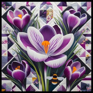 Può includere: Primo piano di un fiore di croco viola e bianco con un'ape al centro. Il fiore è circondato da altri crochi ed erba verde. Lo sfondo è un patchwork di quadrati viola, bianchi e neri.