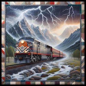 Puede incluir: Un edredón con una ilustración detallada de un tren que viaja por un paisaje montañoso durante una tormenta. El tren es negro, naranja y rojo, con el número "4.030". El edredón tiene un borde de patchwork.
