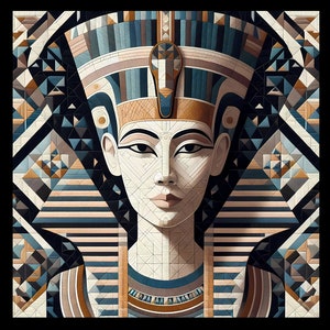 May include: A stylised illustration of a person with a geometric pattern design. The person is wearing a crown and has a blue, brown and white colour scheme.