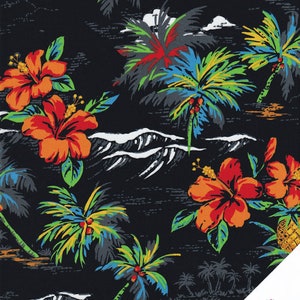 May include: Black fabric with a tropical print featuring palm trees, hibiscus flowers, and waves. The palm trees have green, yellow, and blue leaves. The hibiscus flowers are red and orange. The waves are white.