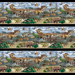 May include: A vibrant dinosaur-themed pattern showcasing diverse dinosaur species in a prehistoric setting. The design incorporates various dinosaurs, plants, and a blue sky backdrop. The dinosaurs are depicted in shades of brown, green, and yellow.