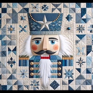 Könnte beinhalten: Eine blaue und weiße Patchwork-Decke mit einem Nussknacker-Gesicht in der Mitte. Der Nussknacker ist aus Stoff gefertigt und hat einen weißen Bart und Schnurrbart. Die Decke besteht aus verschiedenen blauen und weißen Stoffen und hat ein Sternenmuster.