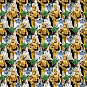 Könnte beinhalten: Ein sich wiederholendes Muster mit verschiedenen Star Wars-Charakteren, darunter Yoda, R2-D2 und C-3PO. Die Figuren sind im Cartoon-Stil dargestellt und vor einem schwarzen Hintergrund platziert.
