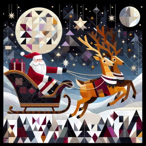 Pode incluir: Uma ilustração geométrica colorida do Papai Noel com um traje vermelho montando em um trenó puxado por duas renas. O trenó é decorado com um padrão de colcha de retalhos. O fundo é azul escuro com estrelas e uma grande lua.