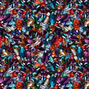 Può includere: Un'immagine vibrante in primo piano che mostra una fitta collezione di gemme colorate. Le gemme sono di varie forme e dimensioni, con uno spettro di colori tra cui rosso, arancione, blu, verde, viola e trasparente. La disposizione crea una superficie abbagliante e strutturata.