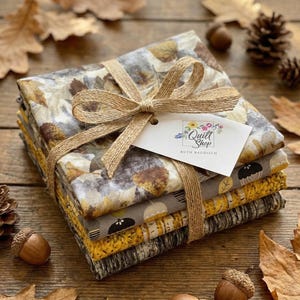 Peut inclure: Une pile de quatre carrés de tissu pliés attachés avec un ruban de jute beige et une étiquette blanche marquée Quilt Shop Ruth Baudisch. Le tissu présente des motifs de feuilles d'automne, de glands et d'écorce de bouleau en jaune, gris, brun et blanc.