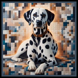 Peut inclure: Un chien dalmatien avec des taches noires sur un pelage blanc, portant un collier marron, est centré sur une courtepointe en patchwork. La courtepointe présente des carrés de couleurs bleu, marron et crème. Le chien est couché, regardant directement le spectateur.