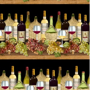 Könnte beinhalten: Ein nahtloses Muster mit einem sich wiederholenden Design aus Weinflaschen, Trauben und Weingläsern. Die Flaschen sind eine Mischung aus Rot- und Weißwein, und die Trauben sind grün und lila. Der Hintergrund ist schwarz.