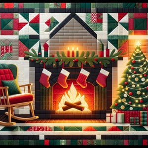 Könnte beinhalten: Eine Weihnachtsdecke mit einem Kamin mit Strümpfen, einem geschmückten Baum und einem Schaukelstuhl. Die Decke verwendet rote, grüne und weiße Stoffe in verschiedenen geometrischen Mustern. Eine gemütliche Urlaubsszene.