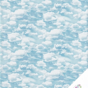 May include: A blue fabric with a white cloud pattern. The fabric is perfect for quilting, sewing, and crafting projects.