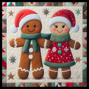 Puede incluir: Un edredón con temática navideña que presenta dos figuras de pan de jengibre. El hombre de jengibre lleva un gorro de Papá Noel rojo y una bufanda verde. La mujer de jengibre lleva un vestido rojo con copos de nieve y un gorro a juego. El edredón tiene un fondo crema con patrones de estrellas y geométricos.