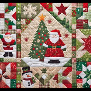 Könnte beinhalten: Eine farbenfrohe Weihnachtsdecke mit Patchwork-Muster, das Weihnachtsmann, Schneemann, Weihnachtsbaum und Sterne zeigt. Die Decke ist aus roten, grünen, weißen und braunen Stoffen gefertigt.