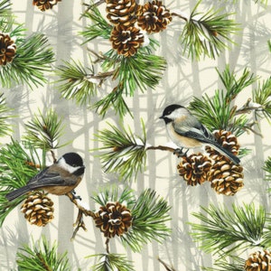 May include: A seamless pattern featuring a wintery forest scene with pine trees, pine cones, and two black-capped chickadees. The background is a light grey with a subtle pattern of tree trunks.