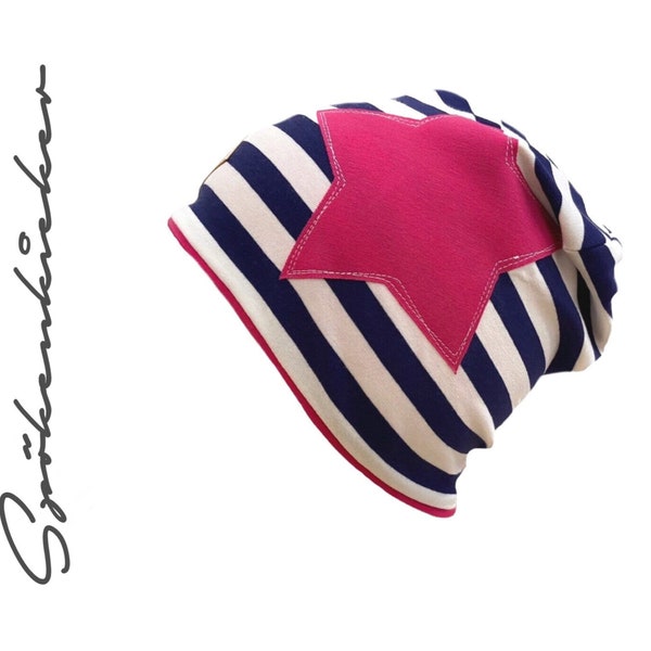 Beanie Mütze Mädchen Stern jeansblau pink