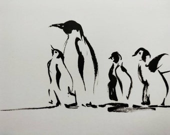 Original Bild Tuschezeichnung "Pinguin Familie "