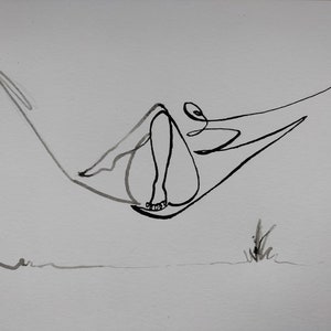 Original picture line art: "Woman in the garden"V (minimalism, spring Easter decoration, body positivity, hammock)