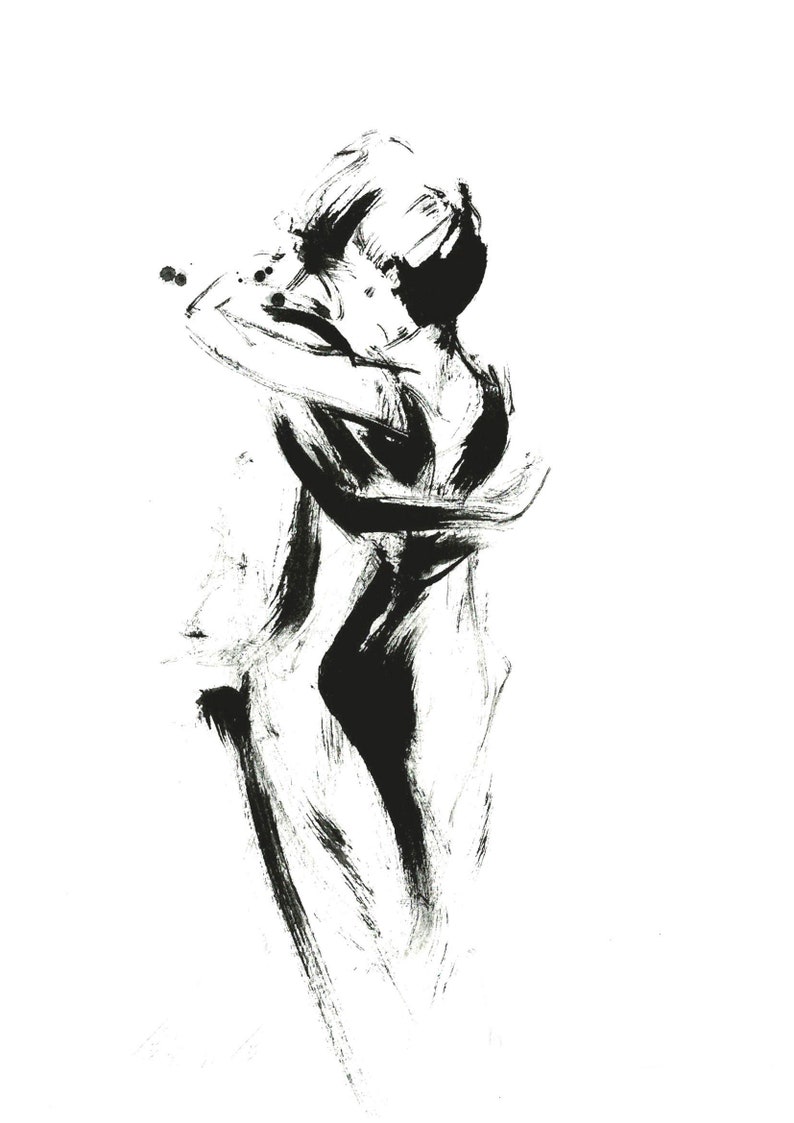 May include: A black and white ink drawing of two people embracing. The drawing is done in a loose, expressive style, with bold strokes and a sense of movement.