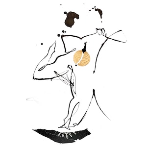 May include: Abstract ink drawing on white background. The artwork features a figure with bold black lines and splatters, accented by a gold circle. The style is minimalist and expressive, suggesting a modern art piece.