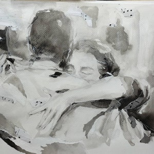 May include: A black and white ink drawing of two people embracing. The drawing is done on a textured paper with musical notes scattered throughout.