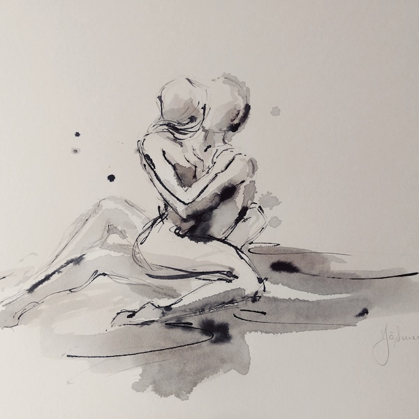 Nu sensuel, dessin à l'encre (image nue couple Tantra Saint Valentin) original ou tirage d'art