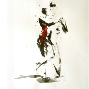 May include: Abstract ink painting of two figures dancing, rendered in black brushstrokes with a splash of red. The artwork depicts a couple in motion, with dynamic lines and a sense of fluidity. The background is white.