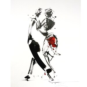 May include: Ink wash painting of a couple dancing. The figures are depicted in black and white with bold brushstrokes, with the woman's dress accented in red. The artwork is set against a white background, emphasizing the dynamic movement of the dance.