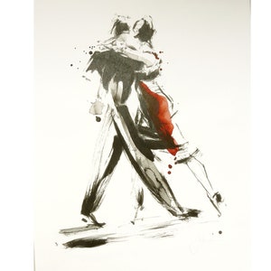 May include: Ink wash painting of two figures dancing the tango. The dancers are depicted in black and white with a splash of red on the woman's dress. The artwork captures the movement and passion of the dance.
