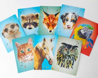 Postkartenset, 8 Tierportraits, gezeichnet aus Dreiecken: Katze, Waschbär, Fuchs, Hund, Eule, Papagei, Pferd und Erdmännchen