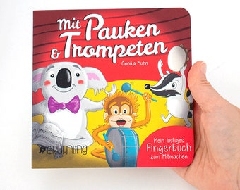Cardboard book, finger book "With drums and trumpets", from 9 months