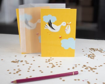 Greeting card (folding card) for birth, stork