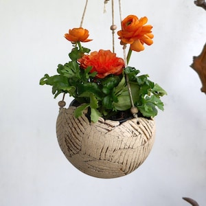 Könnte beinhalten: Ein Hängepflanztopf aus weißer Keramik mit strukturierter Oberfläche. Der Topf ist mit grünen Pflanzen und orangefarbenen Blumen gefüllt. Der Topf hängt an einer Makramee-Schnur mit Holzperlen.