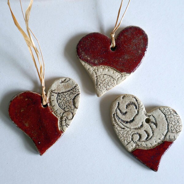 3-set gift tags HERZ with pattern stripes, ceramic pendants