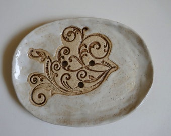 Oval soap dish, white, with curls, ceramic