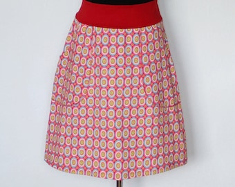 Taillenrock mit Taschen, A-Form, Baumwolljersey Retromuster geometrisch, rot/rosa/türkis, knielang