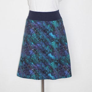 Jersey skirt A-line Ökotex cotton jersey blue/turquoise/purple watercolor pattern, knee-length