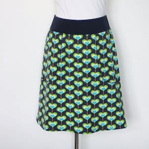 Skirt with pockets, A-line, cotton jersey retro pattern hearts dark blue/light green, knee length