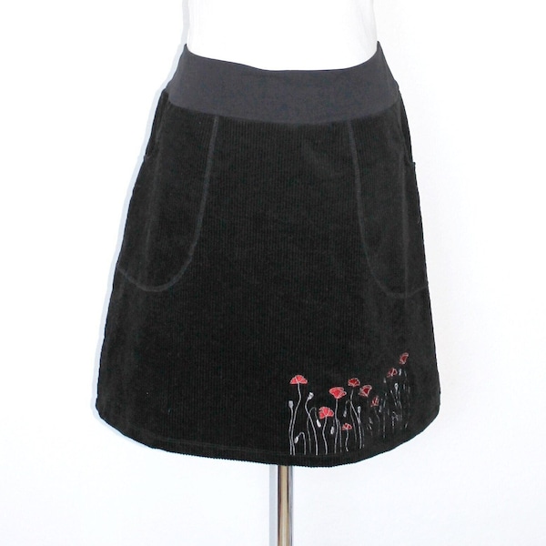 Wide corduroy hip skirt with pockets, black, A-shape, embroidered (optional), mini to knee-length