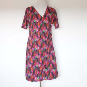 Shirt dress, 3/4 sleeves, cotton jersey, wrap look, colorful leaf pattern, knee-length